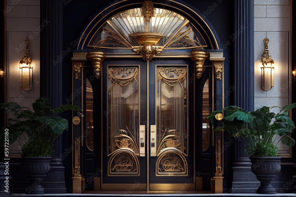 a grand entrance, with large glass doors and shining brass hardware, created with generative ai
