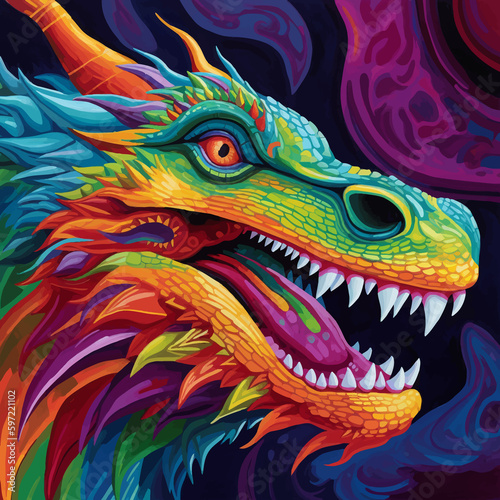 Head of a Fantasy Evil Multicolored dragon with glowing red eyes. Fierce and majestic Mythical creature. Fearsome and awe-inspiring beast. Ancient monster. 3D Digital painting