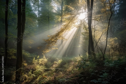 view of misty forest with rays of sunlight filtering through the trees  created with generative ai