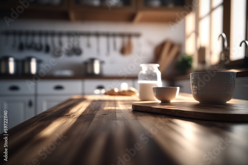 Kitchen workspace with wooden table top.Generative AI.