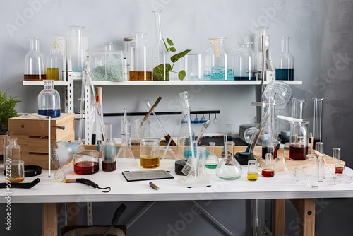 science lab with beakers and flasks, tubing and other accessories, created with generative ai