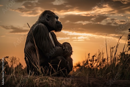 gorilla sitting and gazing into the sunset, with beautiful sky in the background, created with generative ai
