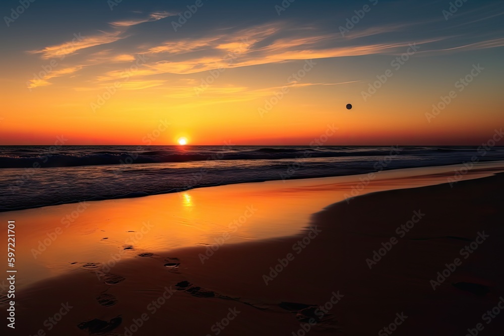 golden beach at sunset, with warm colors and a crescent moon in the sky, created with generative ai