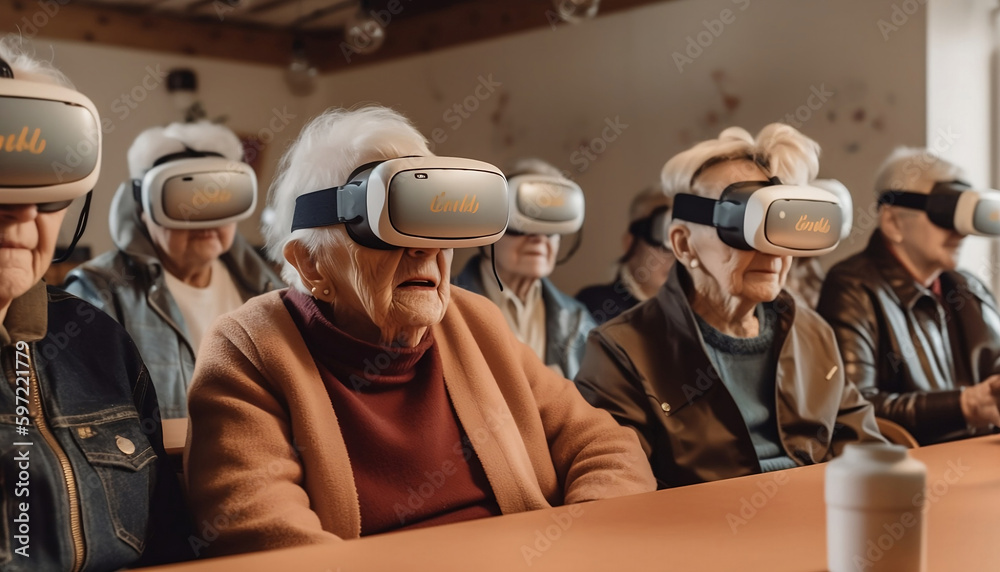 A group of elderly people playing bingo in a rundown and decrepit nursing home, with a modern and sleek virtual reality headset on each of their heads, generative ai - obrazy, fototapety, plakaty 