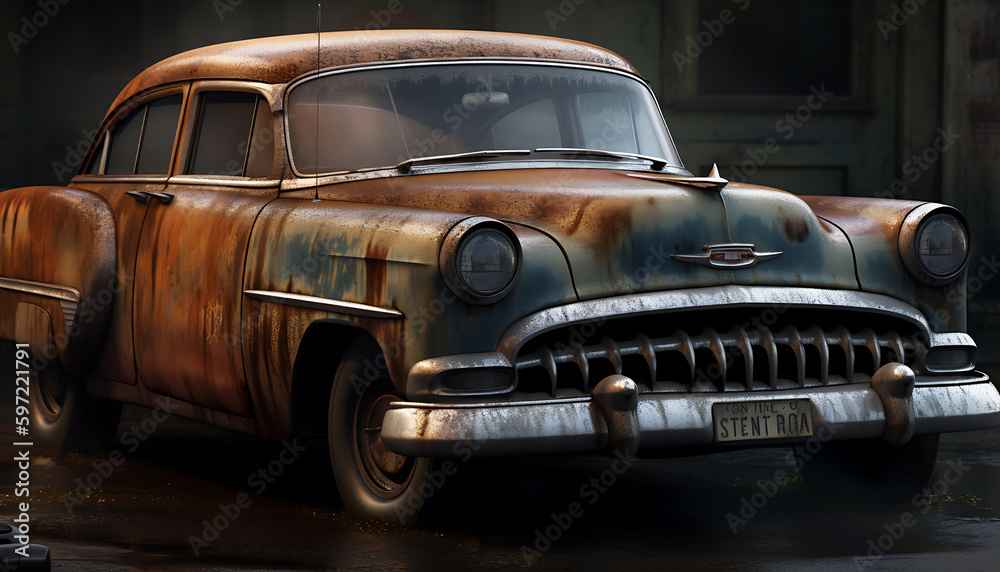 Fototapeta premium a rusted vintage car in abandoned building, generative ai