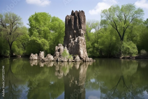 natural rock formation towering over a tranquil pond, created with generative ai
