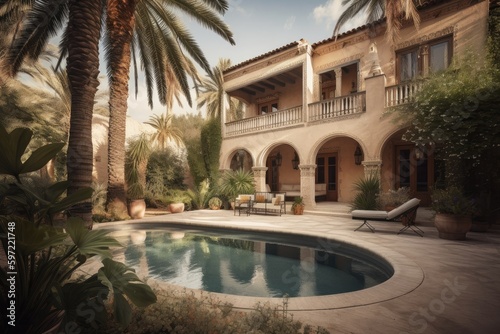 mediteranean house exterior with pool, landscaping and palm trees, created with generative ai