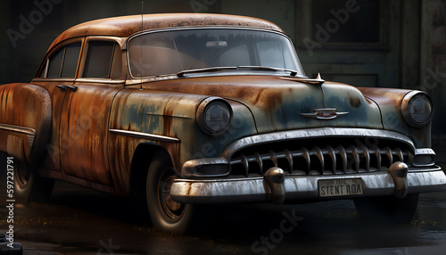 a rusted vintage car in abandoned building, generative ai