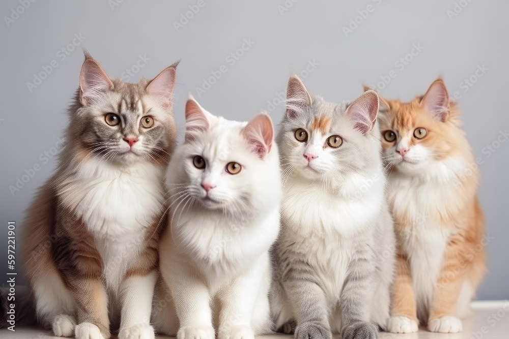 group of cats sitting and looking at camera, united in their love for one another, created with generative ai