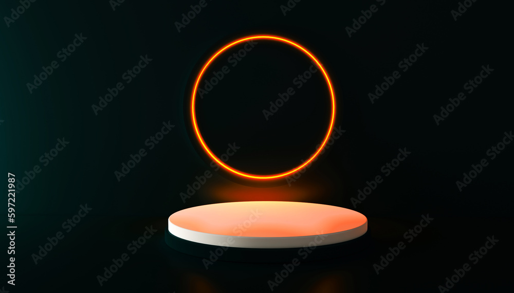 Black realistic 3d cylinder stand podium with glowing orange neon in circle shape. Abstract 3D Rendering geometric forms. Minimal scene. Stage showcase, Mockup product display.
