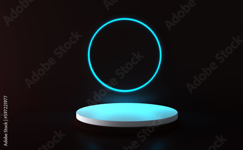 Black realistic 3d cylinder stand podium with glowing blue neon in circle shape. Abstract 3D Rendering geometric forms. Minimal scene. Stage showcase  Mockup product display.