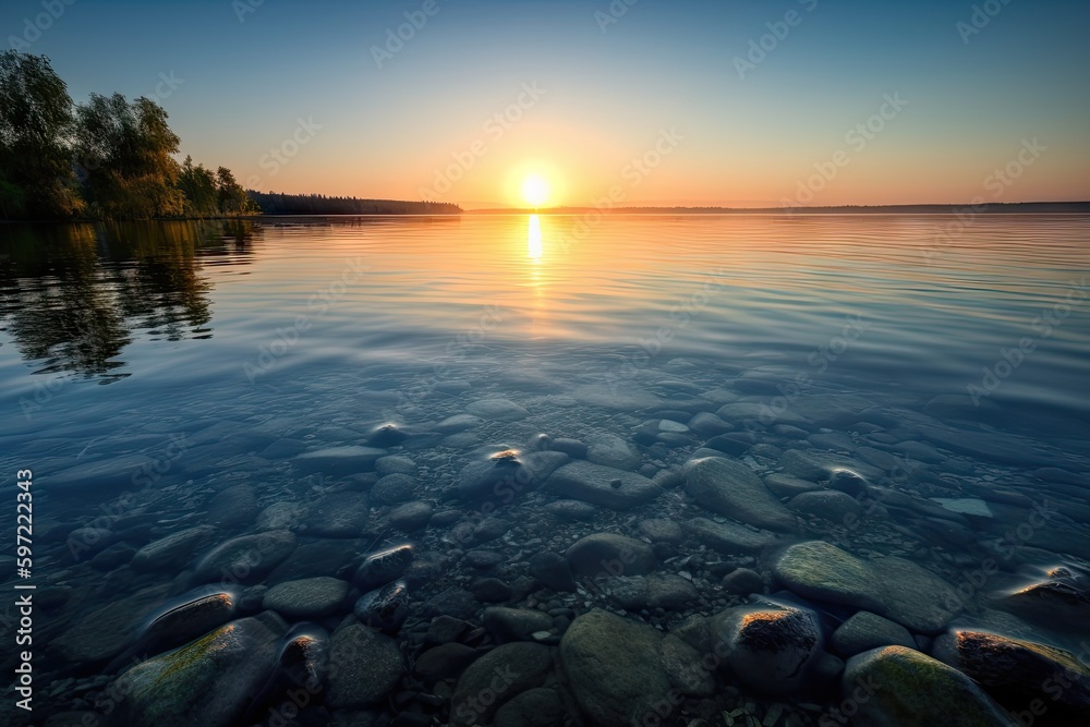 crystal clear lake at sunrise, with the sun peeking over the horizon, created with generative ai