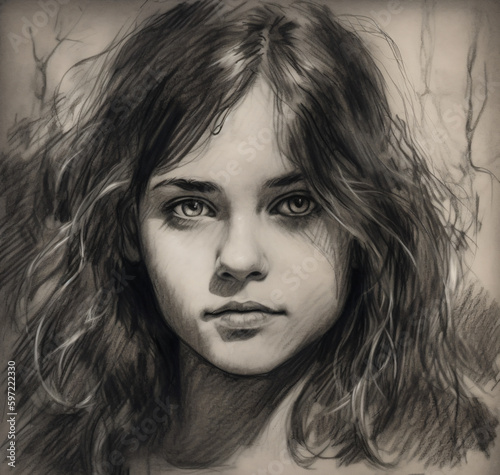 charcoal portrait drawing of a young girl Generative Ai