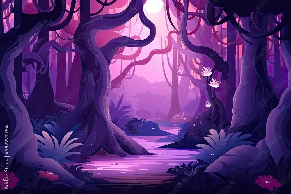 dark purple forest with magical creatures and fairies in the trees, created with generative ai