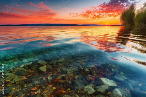 crystal-clear lake with view of colorful sunset, created with generative ai