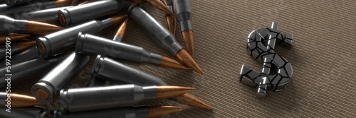 The dollar symbol on the background of cartridges from the machine gun. 3d rendering.