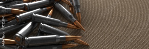 Ammunition for automatic weapons. Cartridges for the machine gun. 3D render