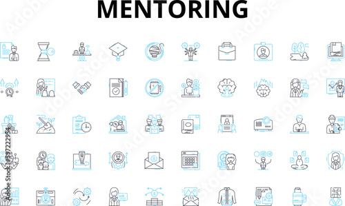 Mentoring linear icons set. Learning, Guidance, Coaching, Support, Advise, Experience, Sharing vector symbols and line concept signs. Leadership,Development,Empowerment illustration Generative AI