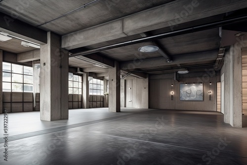 industrial lofi interior with raw concrete walls and metal ceiling  created with generative ai
