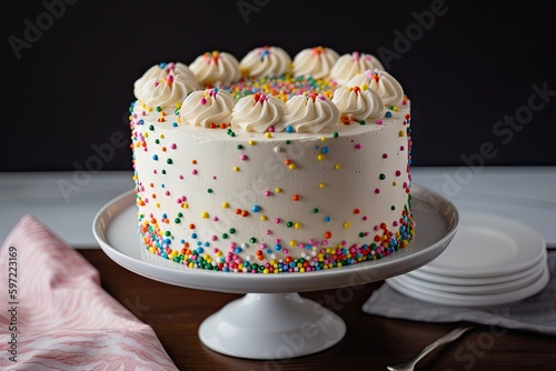 classic birthday cake with colorful, piped frosting and sprinkles, created with generative ai