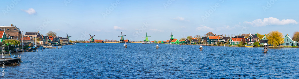 Historic Zaanse Schans windmills in Zaandam, Holland