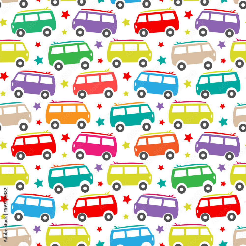 Small bright colorful multicolored campers and stars isolated on white background. Cute seamless pattern. Vector simple flat graphic illustration. Texture.