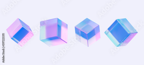 3d holographic abstract cube, crystal blocks with holographic purple color texture. 3d vector illuctration isolated on blue background. 