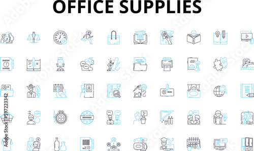 Office supplies linear icons set. Pens, Paper, Staples, Paperclips, Markers, Highlighters, Pencils vector symbols and line concept signs. Erasers,Post-its,Tape illustration Generative AI