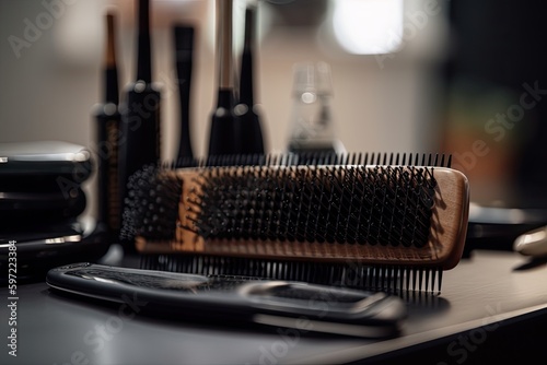 close-up of comb and brush, with hair products and accessories visible in the background, created with generative ai © Alfazet Chronicles