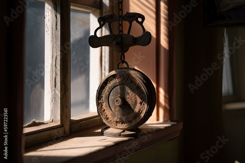 old weight hanging in window, casting a shadow on the wall, created with generative ai