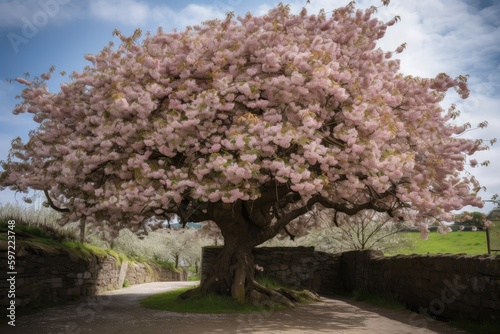 a cherry blossom tree bursting with blooms, in a tranquil setting, created with generative ai