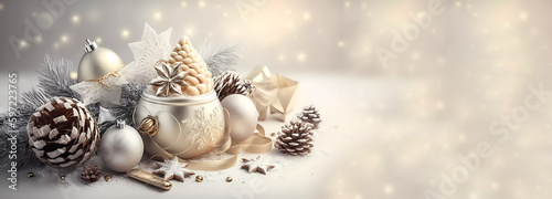 Christmas. Decor in the snow with snowflakes on a golden background with bokeh. copy space. generative A