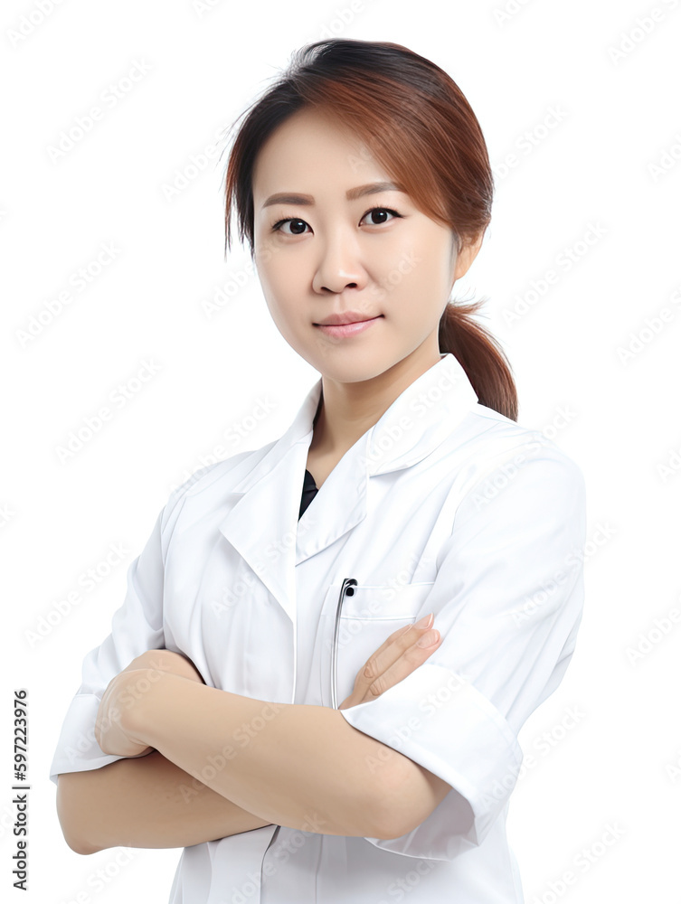 Asian female young nurse with her arms crossed on a white background, generative ai Asian female young nurse with her arms crossed on a white background, generative ai