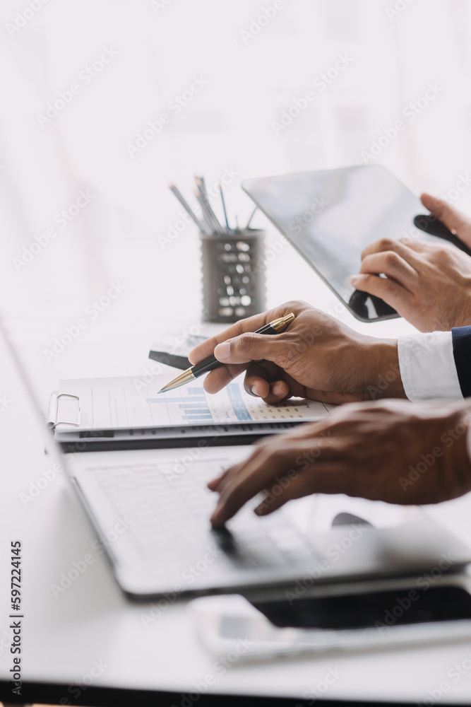 Fototapeta premium Document Businessman working modern computer Document Management System (DMS), Virtual online documentation database and process automation to efficiently manage files,