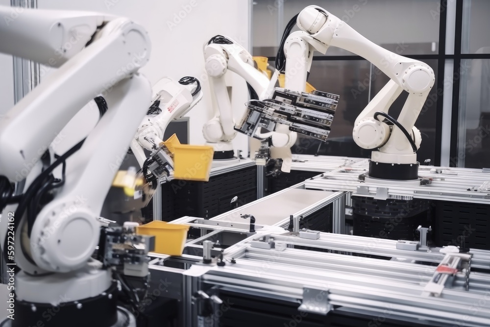 packaging and sorting robots, busy at work in factory, packaging products, created with generative ai