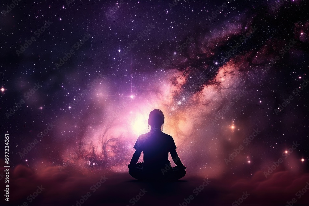 person, meditating amidst nebula, finding peace and clarity in the chaos of the universe, created with generative ai