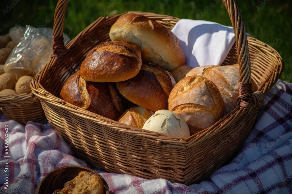 a basket of warm, crusty breads and rolls, perfect for a picnic, created with generative ai