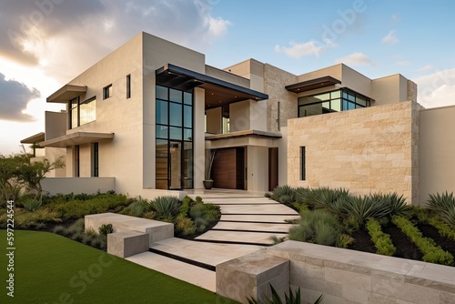 modern mediterranean home with sleek and minimalist exterior design, featuring natural stone accents and eco-friendly landscaping, created with generative ai © Alfazet Chronicles