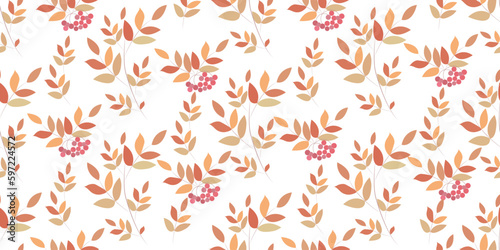 Seamless botanical background with autumn leaves and rowan branches. Great for printing on fabric and paper.