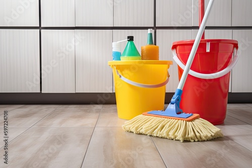 cleaning supplies, including mop and bucket for a clean and tidy house, created with generative ai