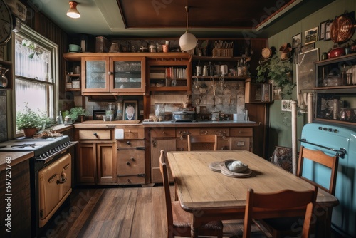 lofie kitchen with vintage appliances and a wooden table, created with generative ai