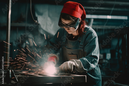 Female worker is welding metalparts