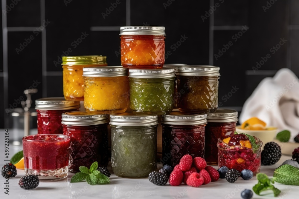 stack of homemade preserves, each in unique flavor and color combination, created with generative ai stack of homemade preserves, each in unique flavor and color combination, created with generative ai