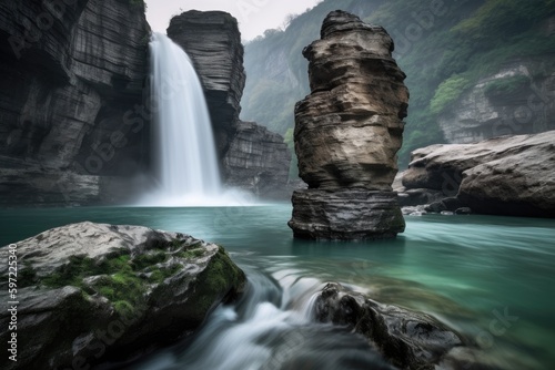 natural rock formation with waterfall on the background  created with generative ai