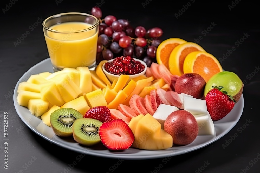 plate of fresh fruit and smoothie, for healthy and refreshing breakfast, created with generative ai plate of fresh fruit and smoothie, for healthy and refreshing breakfast, created with generative ai