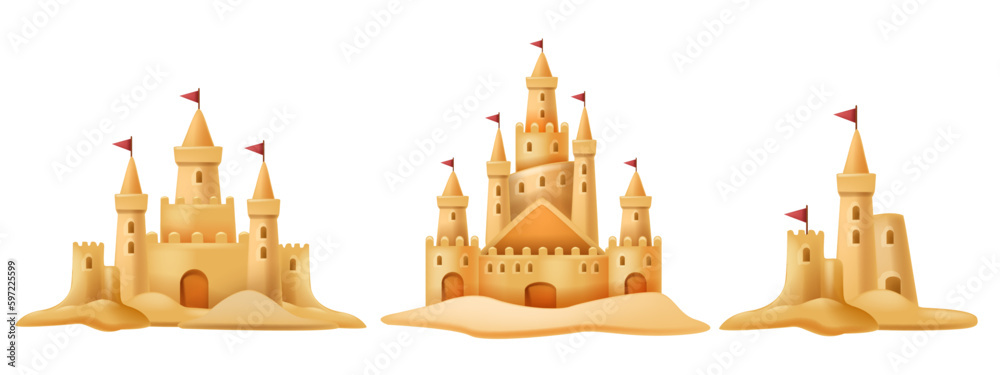 3D sand castle summer set, kids beach vacation vector building illustration, holiday sea sculpture. Cartoon travel architecture medieval house children outdoor tropical game. Sand castle shore clipart