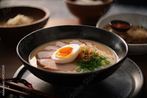 close-up of rich and creamy tonkotsu broth with floaty egg and slice of pork, created with generative ai