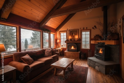 cozy cabin with warm fireplace and cozy furniture, perfect for a winter getaway, created with generative ai