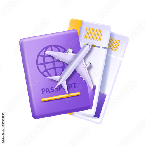 3D passport travel document airport security vector concept icon summer vacation ticket illustration. Airplane tour pass, foreign tourism symbol, global international clipart. Citizen 3D passport