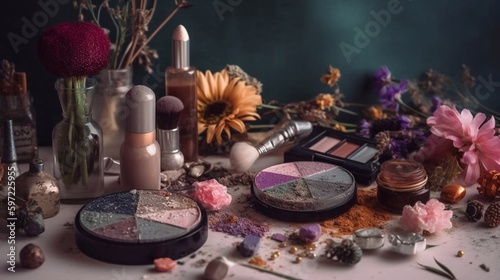 stylish moodboard, cosmetics, powder, shadows, lipsticks, palette, makeup, in lilac tones